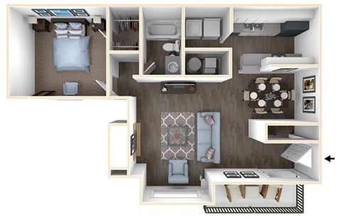 Floor plan for 1 bed, 1 bath, 680 sqft